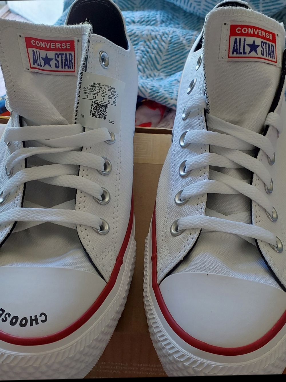 CHOOSE HAPPY  Converse All-Star Low Top Sneakers in White W/ Red&Blue Trim